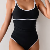 Maclair & Co. - Womens Tummy Control Swimsuit Color Block One Piece Bathing Suits Slimming Double Straps Swimwear High Cut Swim Suit