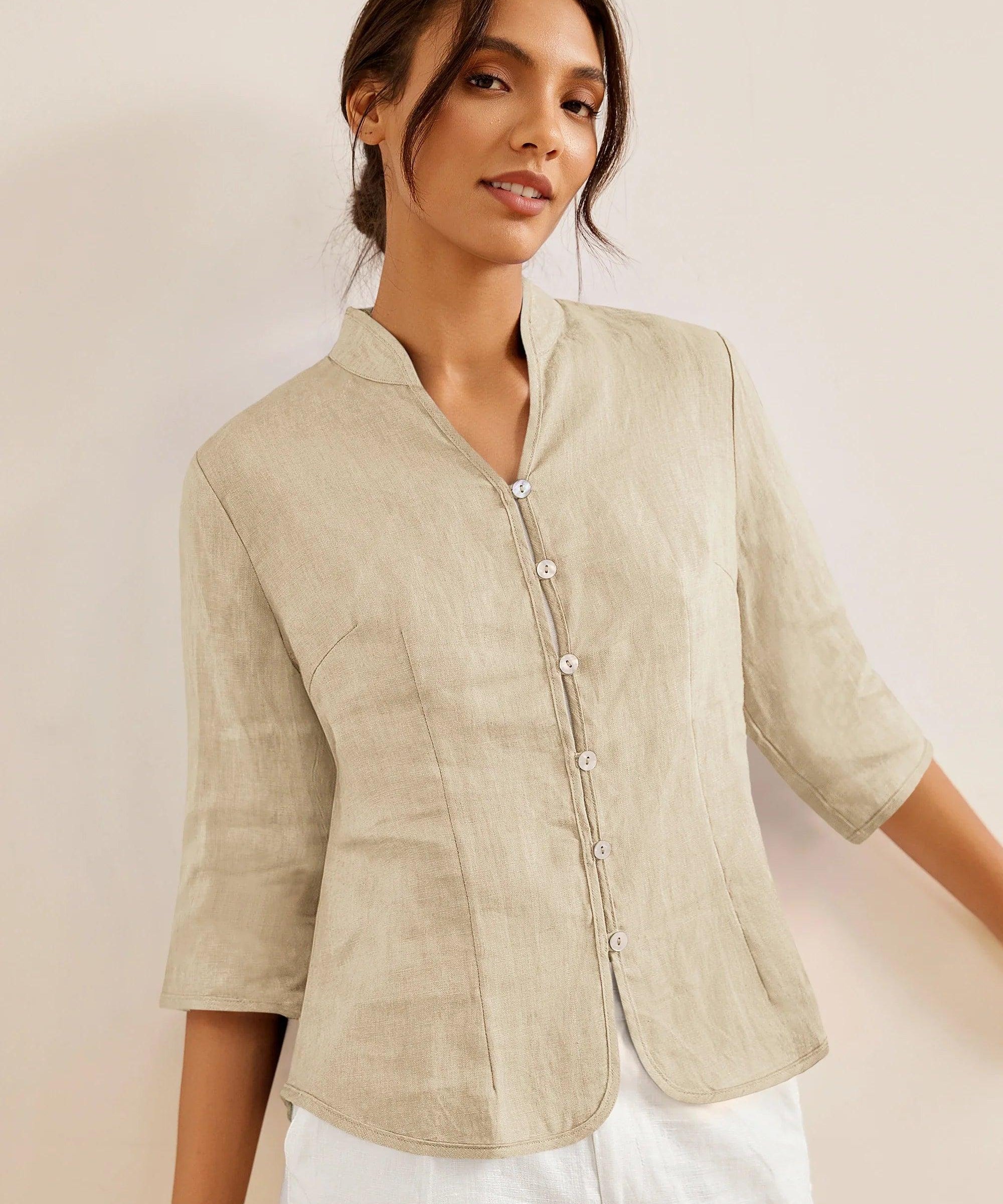 100% Linen Hand Button Fitted Jacket AMELIA