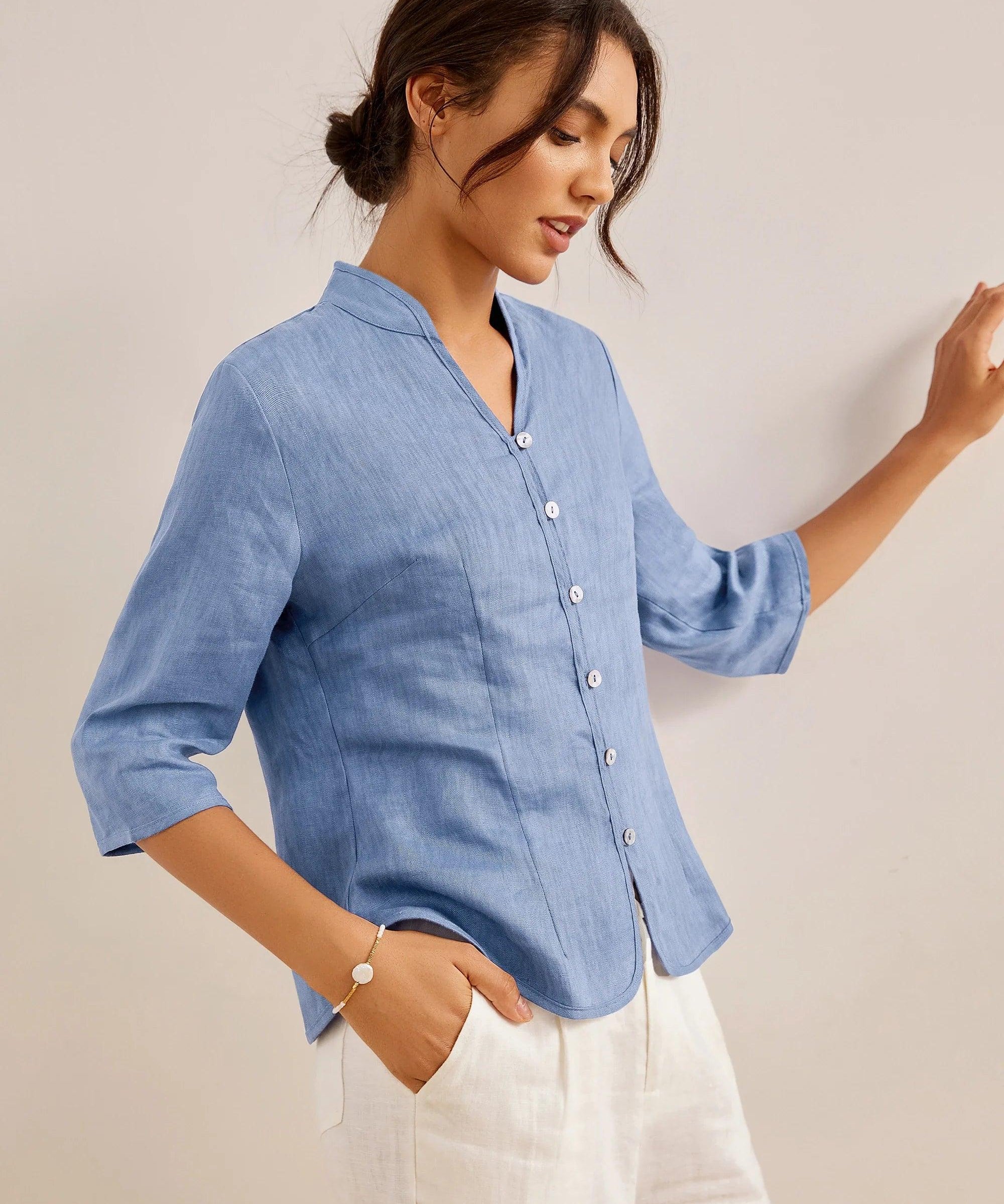 100% Linen Hand Button Fitted Jacket AMELIA
