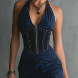 Christine - Elegant Halter Zipper Ruched Midi Dress