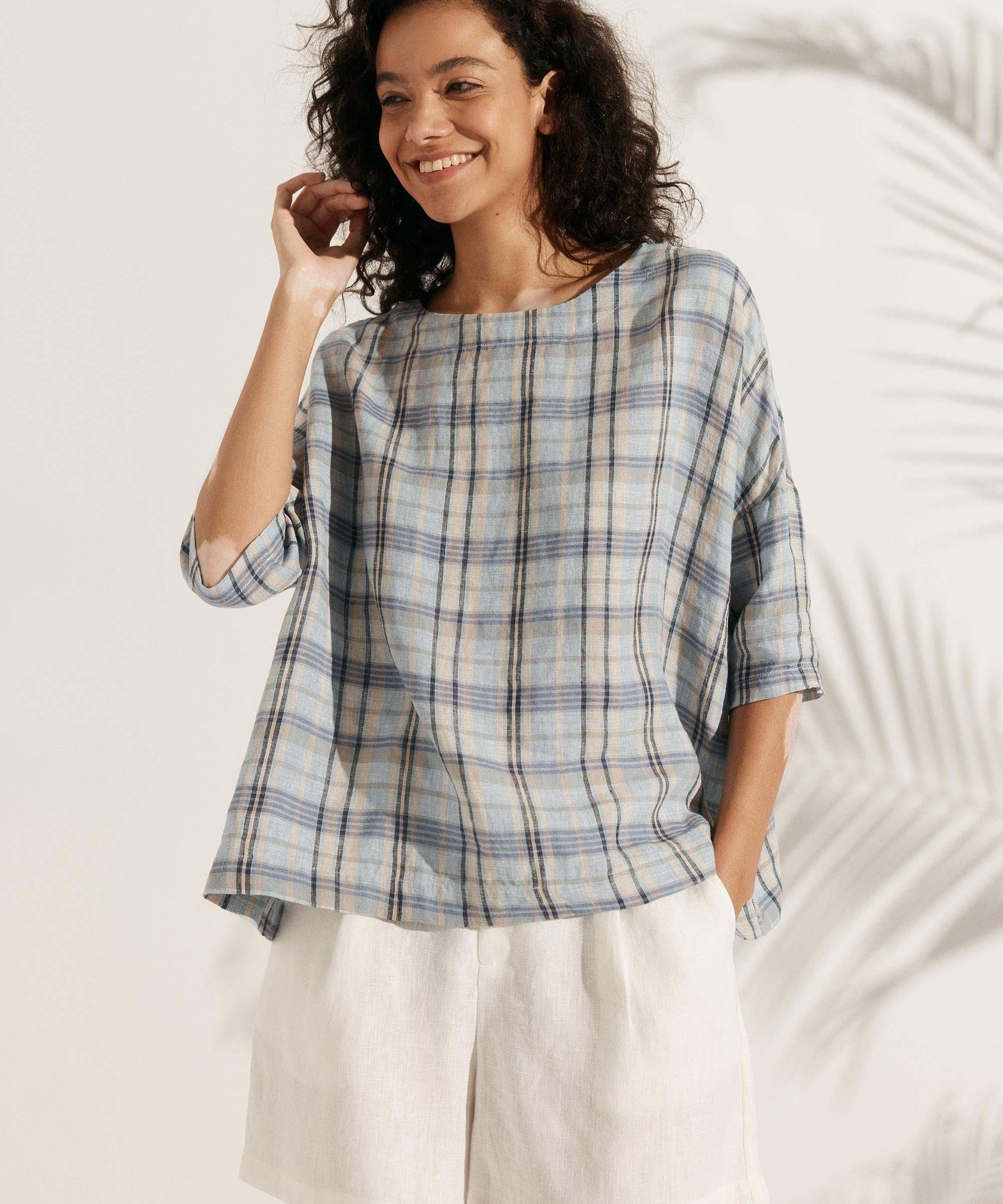100% Linen Gingham Checked Boatneck 3/4 Length Sleeve Top AURORA