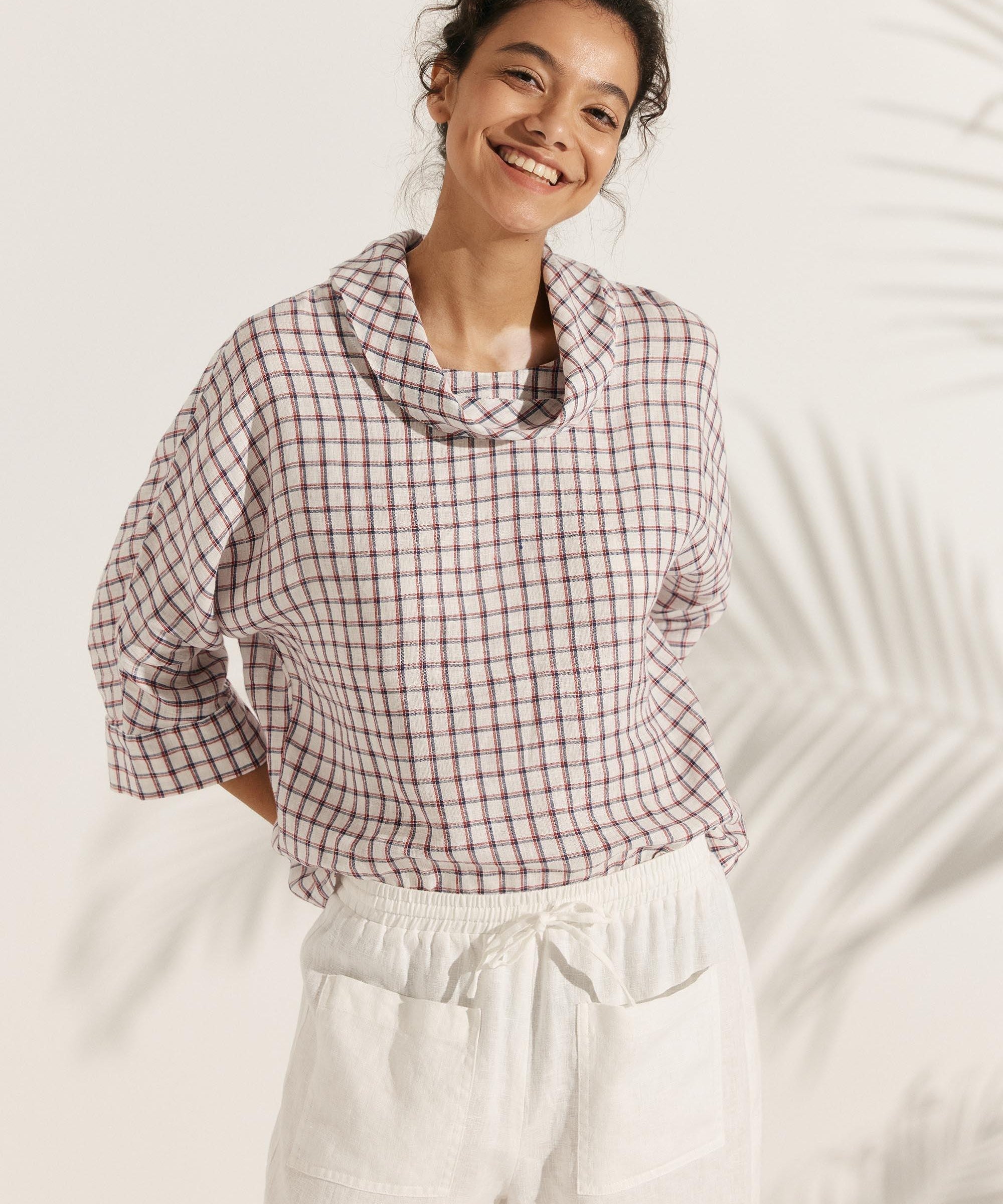 100% Linen Dropped Collar Long-Sleeve Top TRISTAN