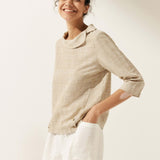 Linen Gingham Checked Round Soft-Fold Collar Top LAURA