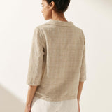 Linen Gingham Checked Round Soft-Fold Collar Top LAURA