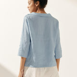 Linen Gingham Checked Round Soft-Fold Collar Top LAURA