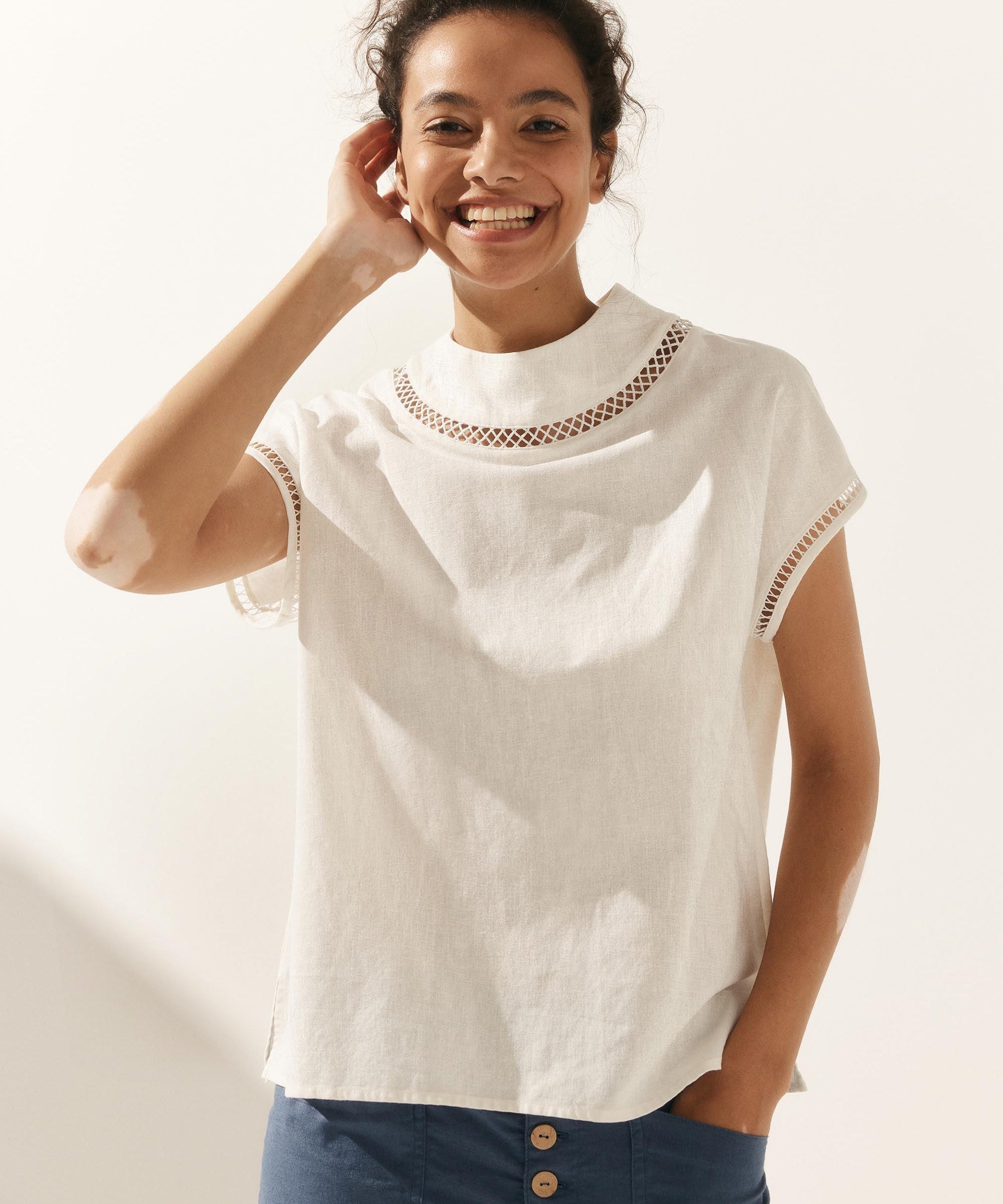 100% Linen Gingham Checked Cutout Turtleneck Top CAROL