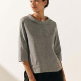Linen Gingham Checked Round Soft-Fold Collar Top LAURA