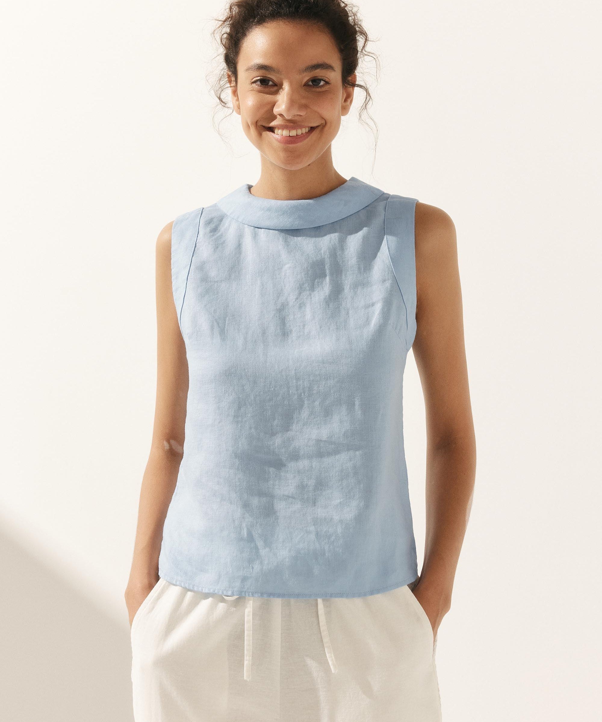 100% Linen Draped Collar Tank Top