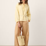 100% Linen Lace-Up Shirred Lantern Sleeve Blouse DOROTHEA