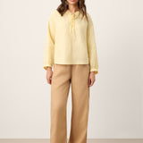 100% Linen Lace-Up Shirred Lantern Sleeve Blouse DOROTHEA
