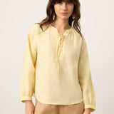 100% Linen Lace-Up Shirred Lantern Sleeve Blouse DOROTHEA