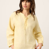 100% Linen Lace-Up Shirred Lantern Sleeve Blouse DOROTHEA