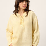 100% Linen Lace-Up Shirred Lantern Sleeve Blouse DOROTHEA