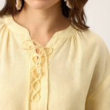 100% Linen Lace-Up Shirred Lantern Sleeve Blouse DOROTHEA