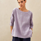 100% Linen Boatneck 3/4 Length Sleeve Top AURORA