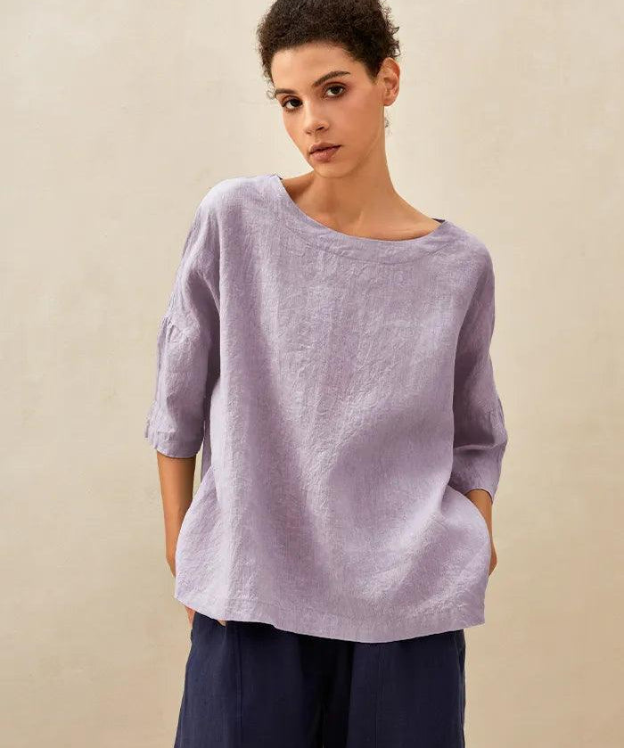 100% Linen Boatneck 3/4 Length Sleeve Top AURORA
