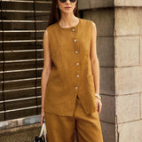 100% Linen Arc-Placket Button-Front Vest ELFRIDA