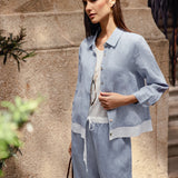 100% Linen Buttoned Closure Color-Blocked Shirt JANICE