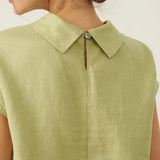 100% Linen Cap Sleeve Soft-Fold Collar Top YVONNE