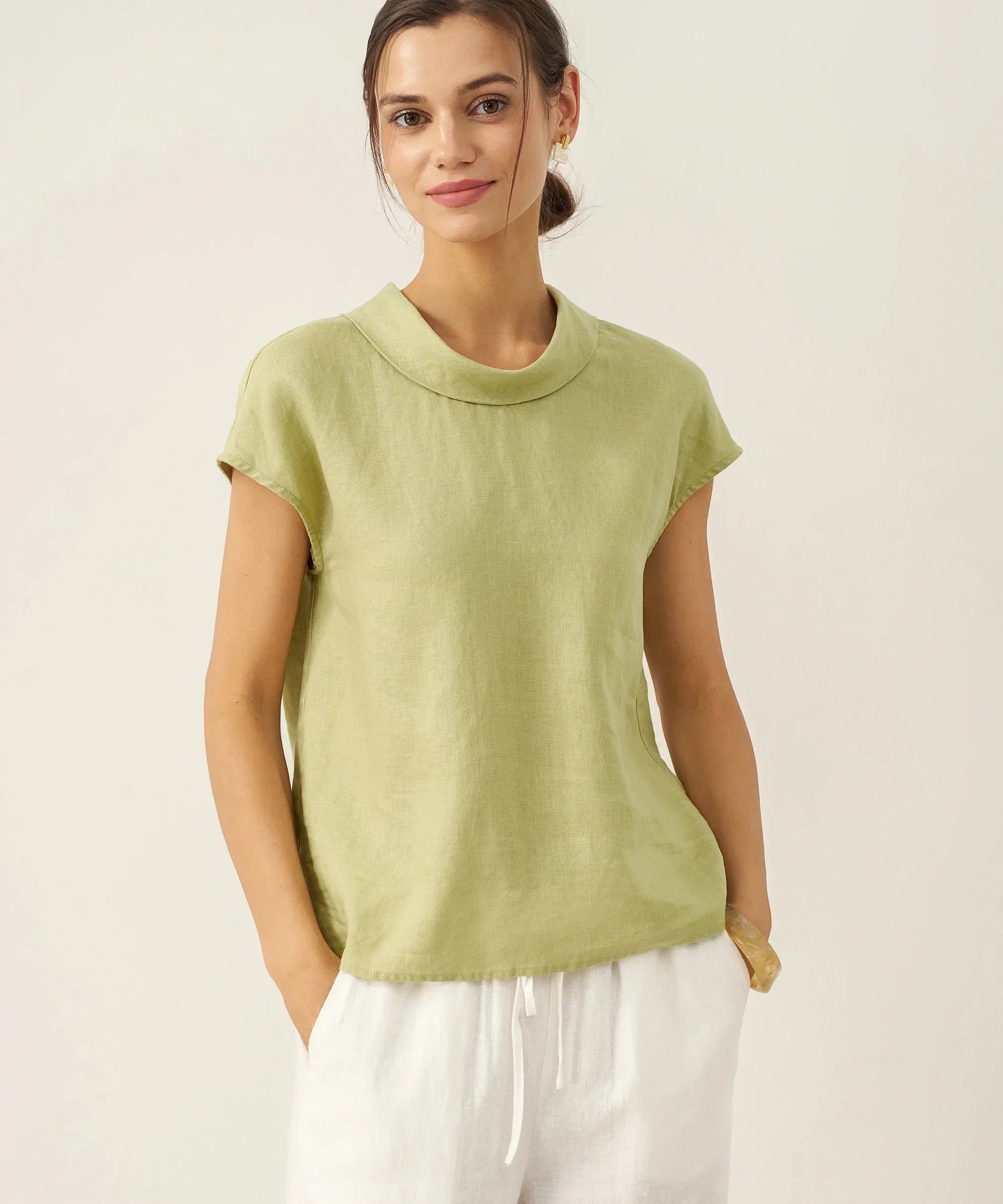 100% Linen Cap Sleeve Soft-Fold Collar Top YVONNE