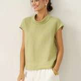 100% Linen Cap Sleeve Soft-Fold Collar Top YVONNE