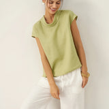 100% Linen Cap Sleeve Soft-Fold Collar Top YVONNE