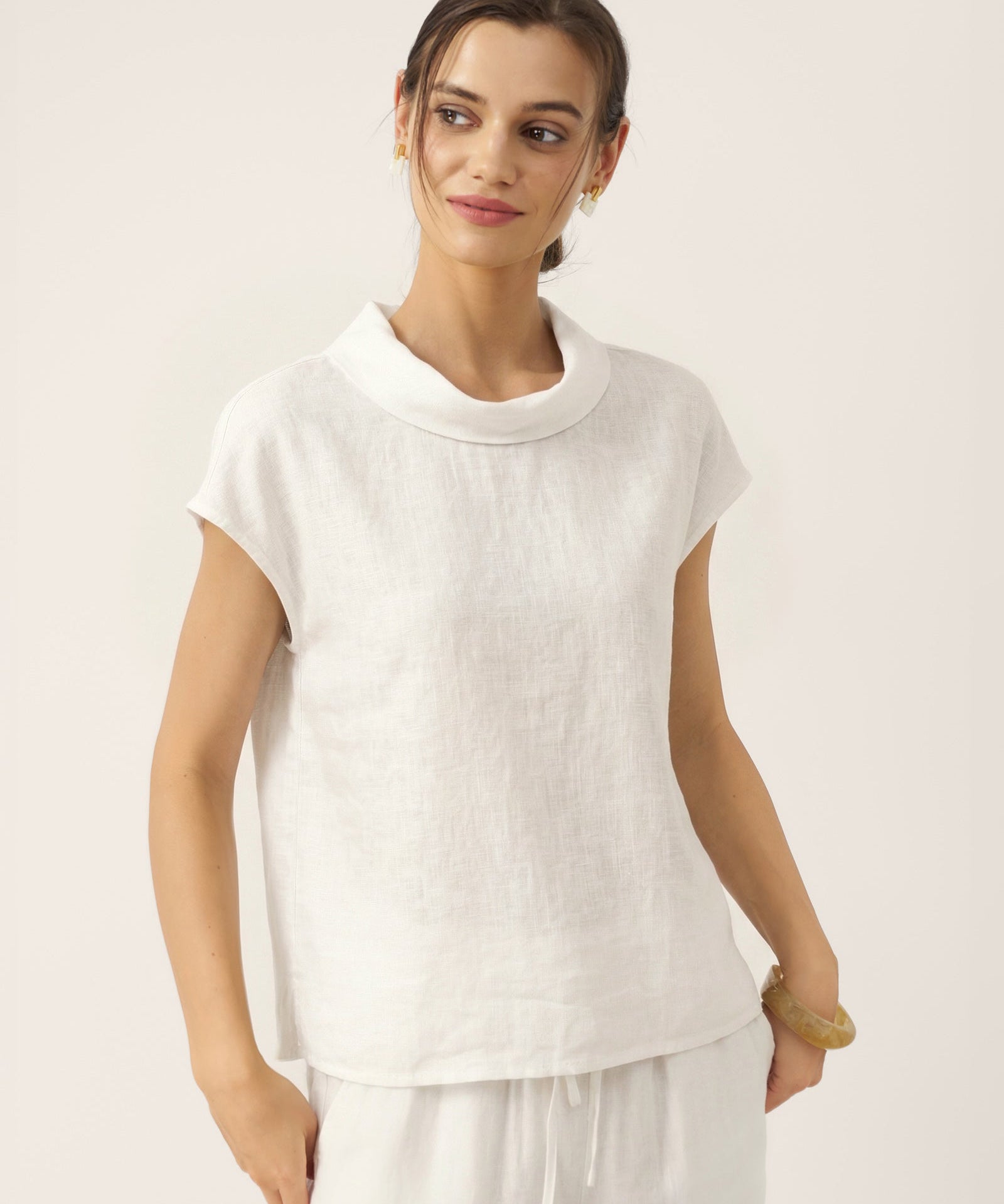 100% Linen Cap Sleeve Soft-Fold Collar Top YVONNE