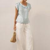 100% Linen Crescent Collar Flutter Sleeve Top FARA
