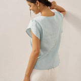 100% Linen Crescent Collar Flutter Sleeve Top FARA