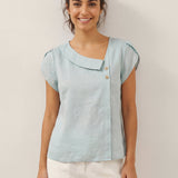 100% Linen Crescent Collar Flutter Sleeve Top FARA