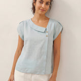 100% Linen Crescent Collar Flutter Sleeve Top FARA
