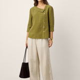 100% Linen Crescent Neck Button Detail 3/4 Sleeve Top ADALYN