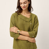 100% Linen Crescent Neck Button Detail 3/4 Sleeve Top ADALYN