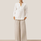 100% Linen Deep V-Neck Pullover with Button-Trim JOLYNE