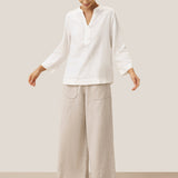 100% Linen Deep V-Neck Pullover with Button-Trim JOLYNE