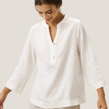 100% Linen Deep V-Neck Pullover with Button-Trim JOLYNE