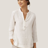 100% Linen Deep V-Neck Pullover with Button-Trim JOLYNE