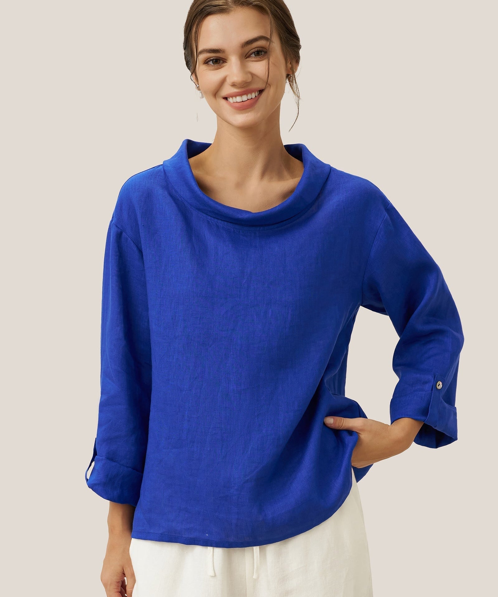 100% Linen Draped Neck Top HOLLIS