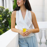 100% Linen Halter Neck Tie-Front Crop Top FAYE
