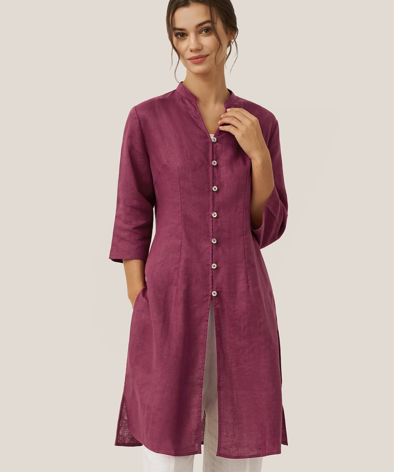 100% Linen Hand Button Long Top DILLON