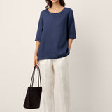 100% Linen Relaxed Back Button Top with Tab Sleeves SYLVANA