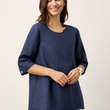 100% Linen Relaxed Back Button Top with Tab Sleeves SYLVANA
