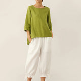 100% Linen Round Neck Asymmetrical Hem Top BRIANNA