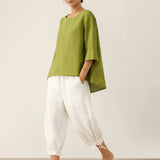 100% Linen Round Neck Asymmetrical Hem Top BRIANNA