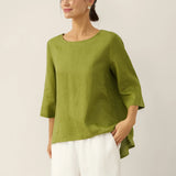 100% Linen Round Neck Asymmetrical Hem Top BRIANNA