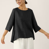100% Linen Round Neck Asymmetrical Hem Top BRIANNA