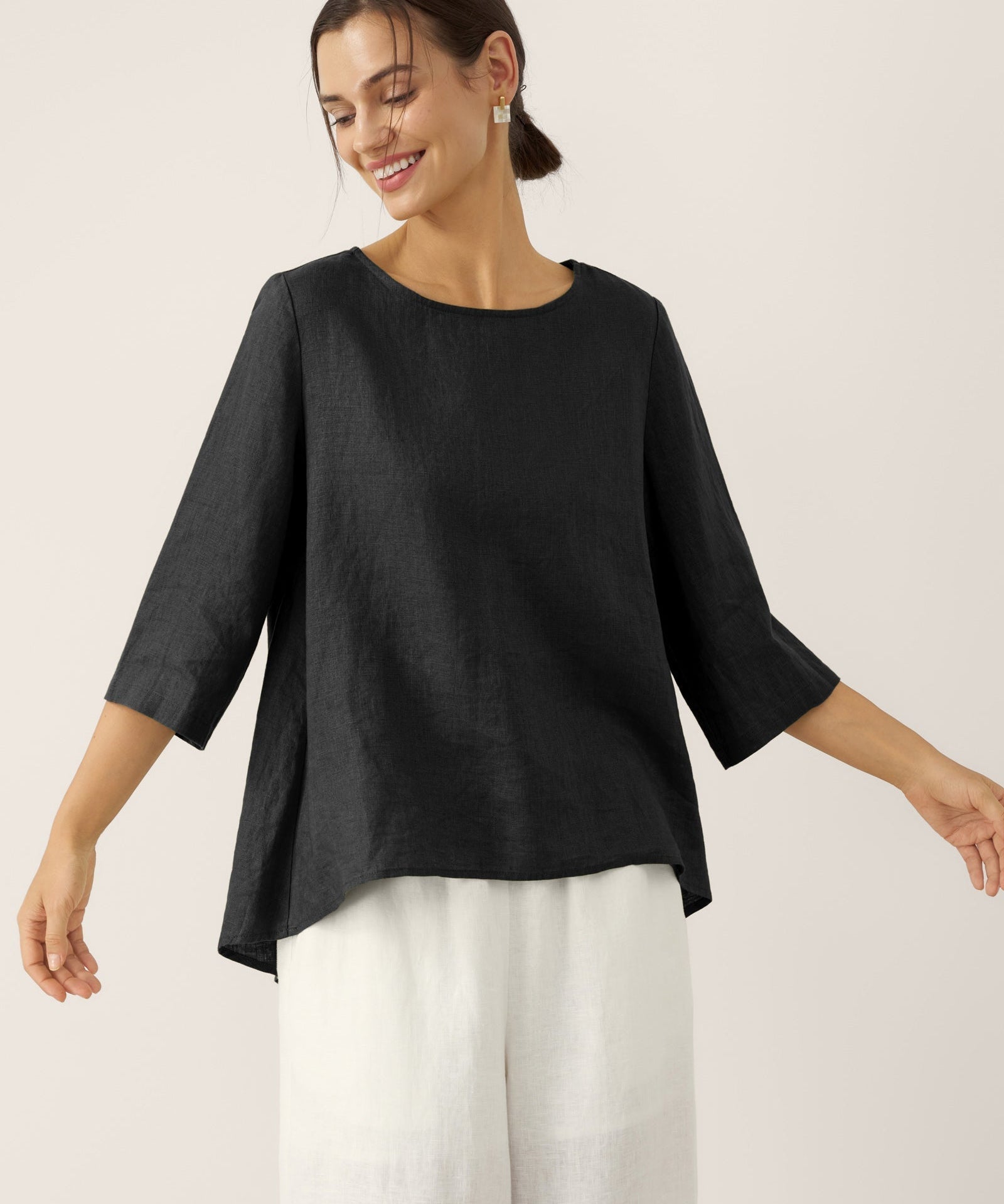 100% Linen Round Neck Asymmetrical Hem Top BRIANNA