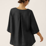 100% Linen Round Neck Asymmetrical Hem Top BRIANNA