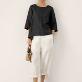 100% Linen Round Neck Asymmetrical Hem Top BRIANNA