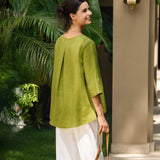 100% Linen Round Neck Asymmetrical Hem Top BRIANNA